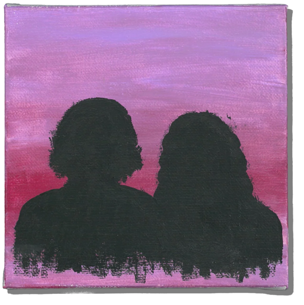 Silhouette af to personer malet med akrylmaling.